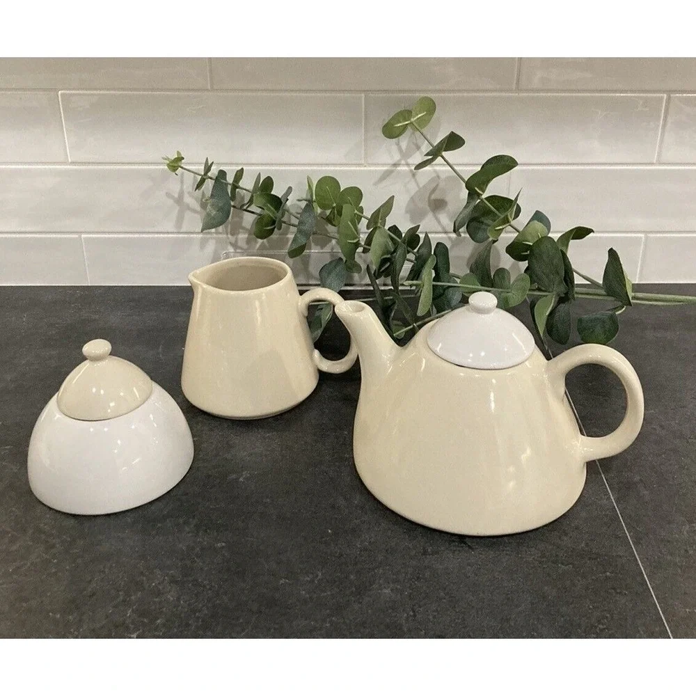 Pier 1 China Ceramic Tea Set Teapot Creamer Sugar Bowl Two Tone Cream White